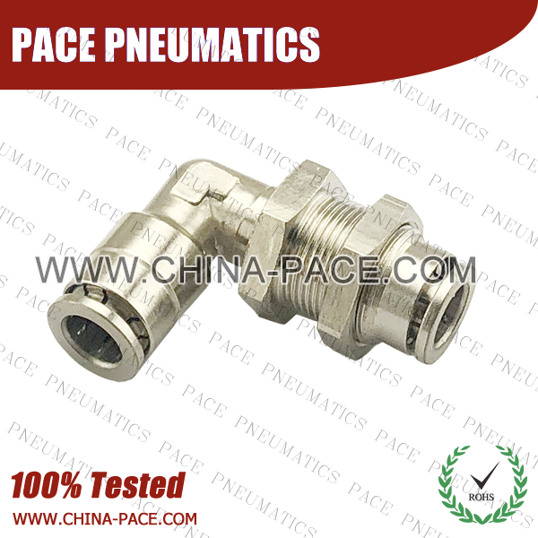 Camozzi Type Brass Push In Fittings Bulkhead Elbow, Nickel Plated Brass Push To Connect Fittings Bulkhead Elbow